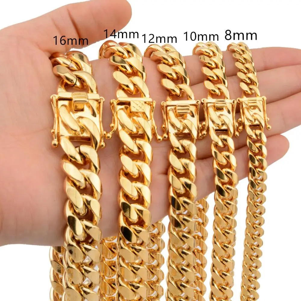 8/10/12/14/16/18mm Wide Gold Color Stainless Steel Miami Curb Cuban Chain Necklace Casting Dragon Lock Clasp Men Rock jewelry