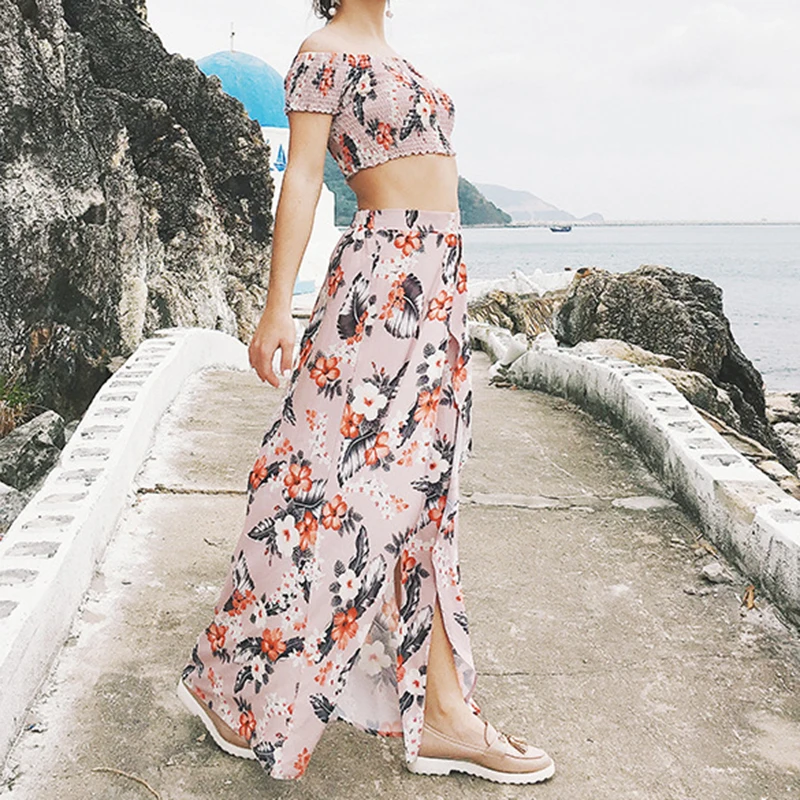 Damskie Boho kwiatowy Off-shoulder Crop Tops długie owinięte spódnica lato sukienka bluzka