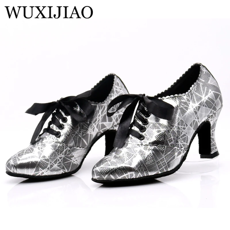 WUXIJIAO New PU Low Heels Black Shoes For Women Closed Toe Jazz Samba Teachers Dance Shoes Ballroom Salsa Latin Dance Shoes