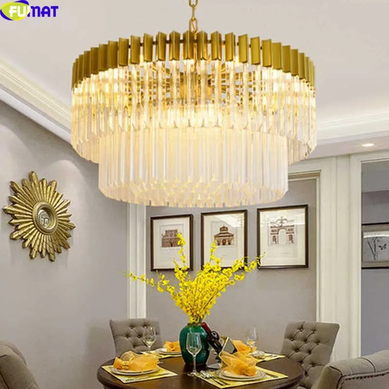 

FUMAT Pendant Lights Fixtures K9 Crystal Modern Ceiling Pendant Lamps E14 LED Gold Lustres Luminaria Round 2 Layer Pendant Ligh