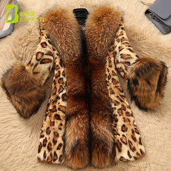 Boutique Women's Autumn Winter Faux fur Jackets Leopard Mink Fur Coats Faux Raccoon Fur Collar Plus Size Fur Jackets