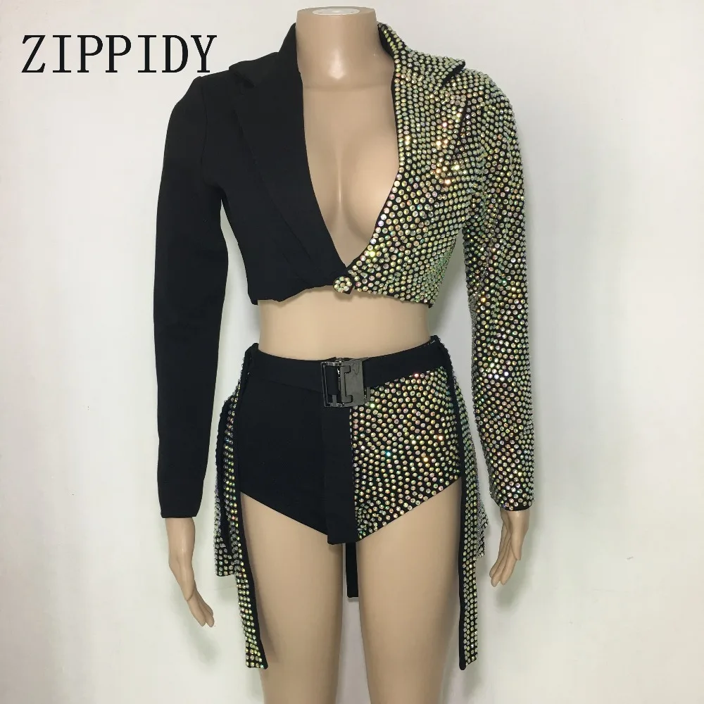 

2018 AB Rhinestones Women's Black Blazer And Short Female Singer DS Outfit Women's Prom Party Wear Nightclub Two Pieces Sexy Set