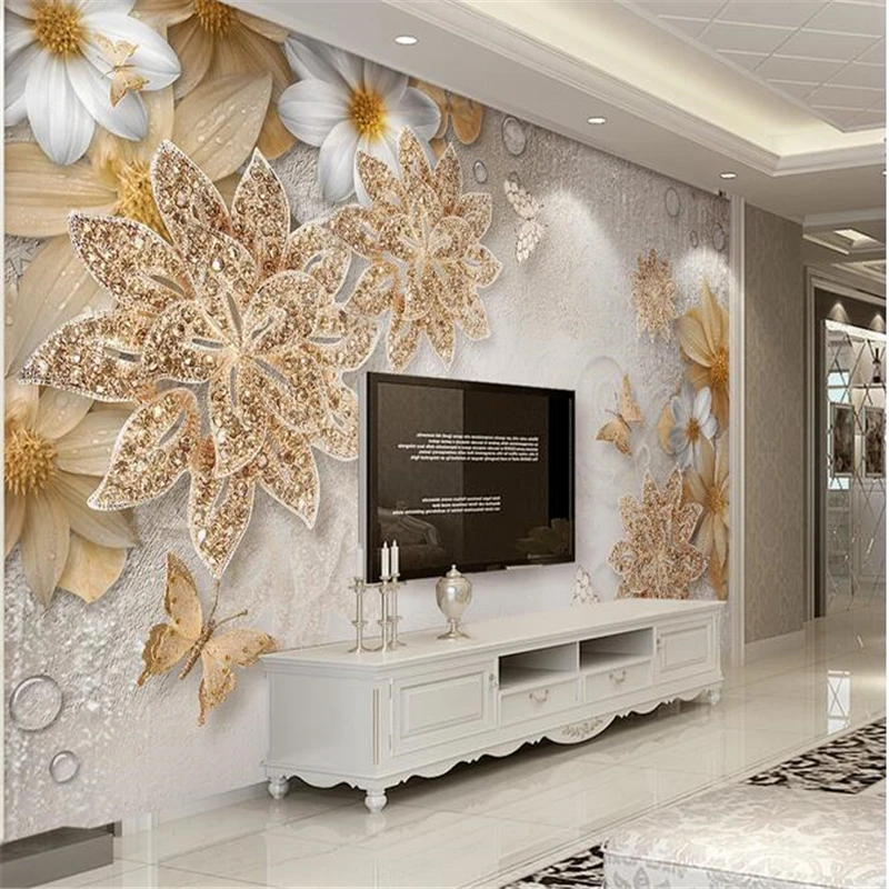 

beibehang 3d luxury jewelry golden flowers butterfly modern sofa bedroom TV backdrop mural 3d wallpaper mural custom size 3d