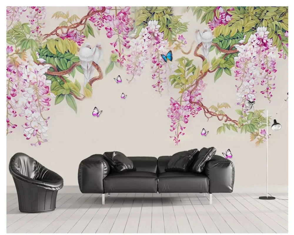 beibehang wall paper Modern hand-painted wisteria flower butterfly TV sofa background decoration painting personality wallpaper