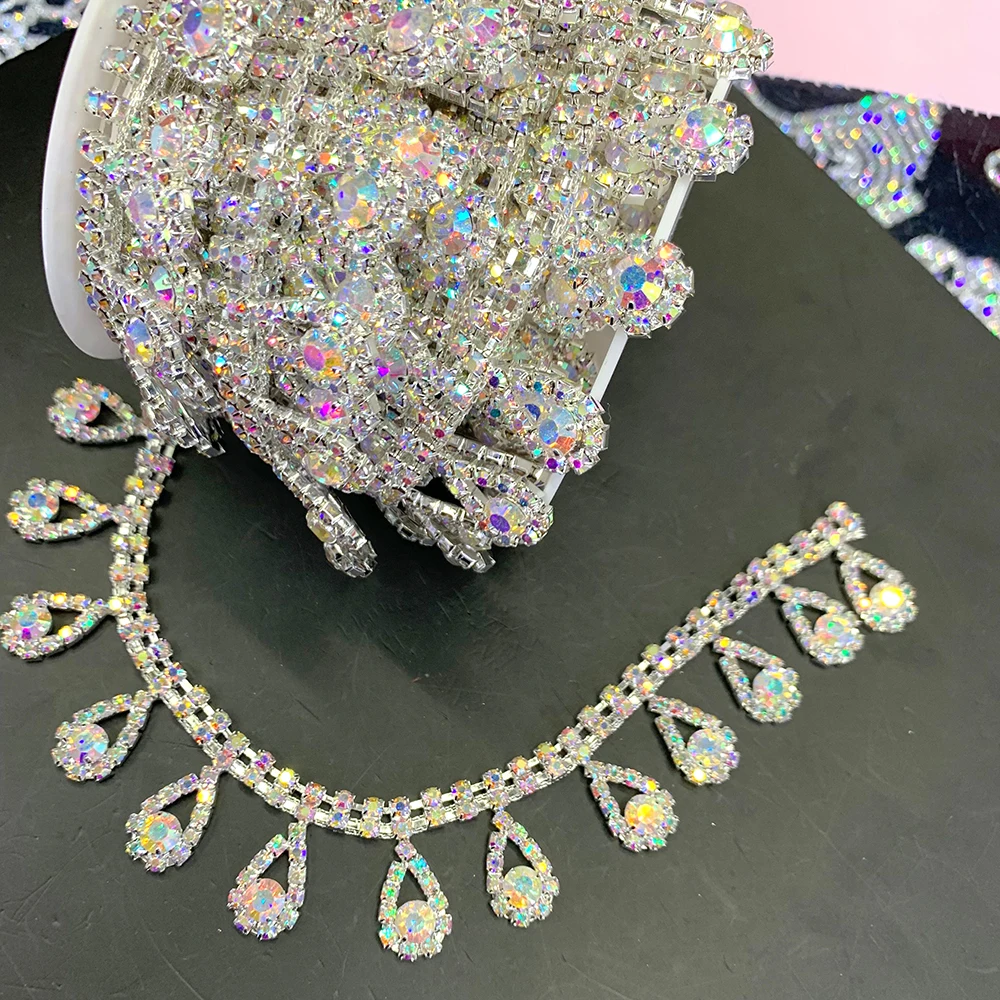 Good quality tassel Crystal AB Rhinestone Cup Chain Sew On Rhinestone Gold Base Trim For Wedding Dress Rhinestone Belt