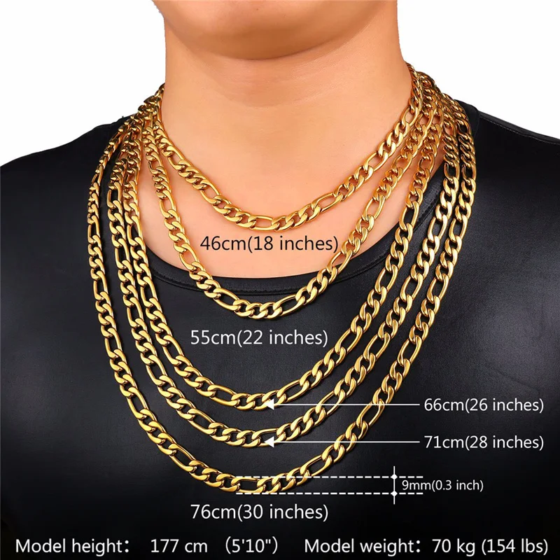 U7 Mens 5mm Figaro Chain Necklace Black Gold Color Stainless Steel Jewelry Daily Acessory QC24