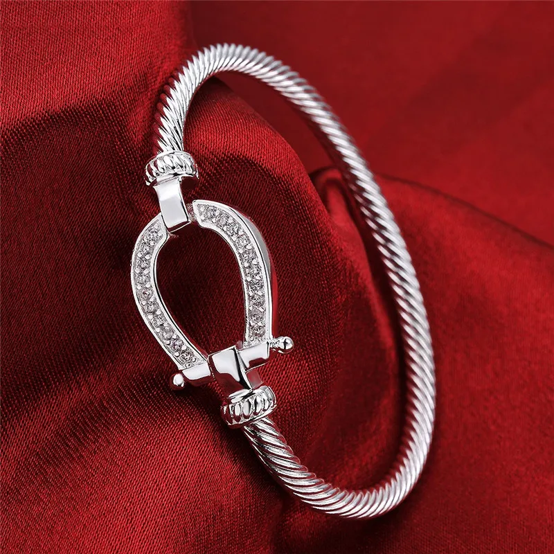 Pure Silver Horse Shoes Bangle Bracelet for Women Femme Pulseria Costume Jewelry Decorations U Clasp Water Drop Bracelet Gifts