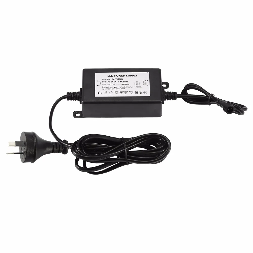 Driver de fonte de alimentação impermeável para transformador de luz LED, interior ou exterior, IP67, DC12V, 30W, UE, EUA, Reino Unido, AU Plug, 100