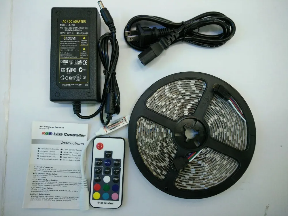 

LED DC12V 10mm SMD 5050 RGB 60LED/m,5m 300LED,LED Strip Light,LED tape IP20/IP65/IP67+17Key RF wireless Remote+12V 5A adapter