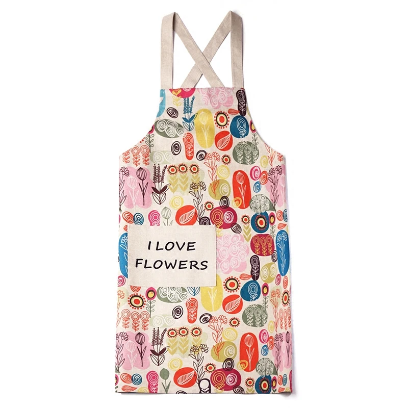 Flowers Print Brief Woman Kitchen Cooking Baking Restaurant Apron Polyester Linen Avental Tablier Cuisine Pinafore Apron BA004