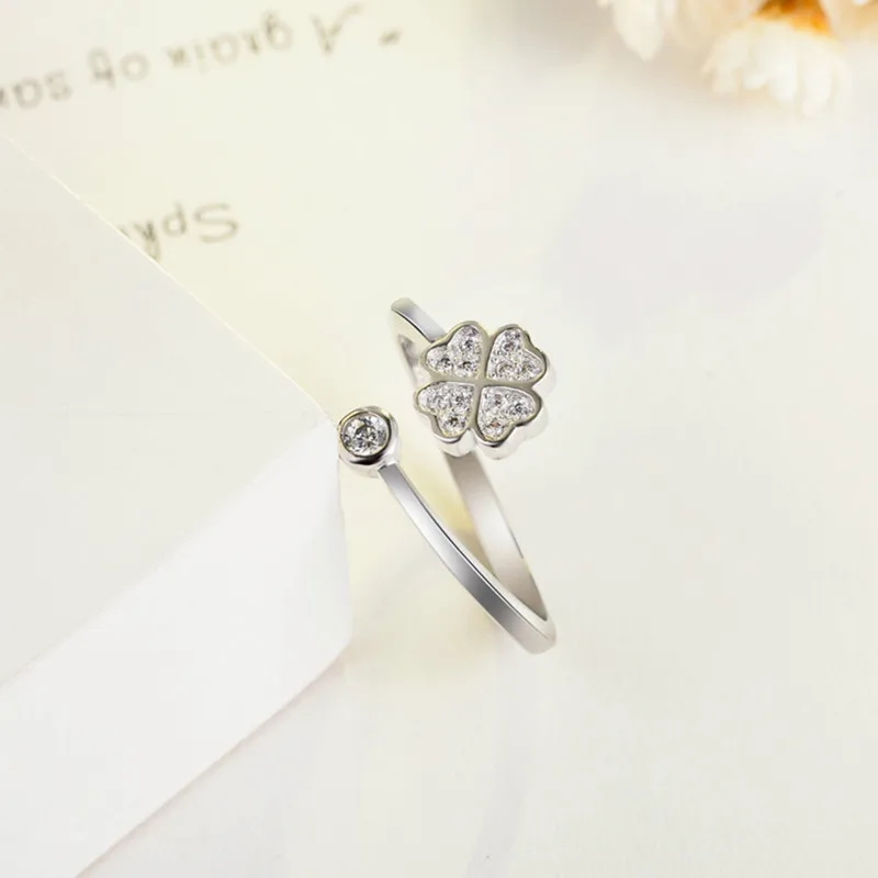 Trendy Silver 925 Sterling Rings For Women Jewelry Fashion Crystal Clover Girls Finger Rings Accessories Lady Birthday Gift