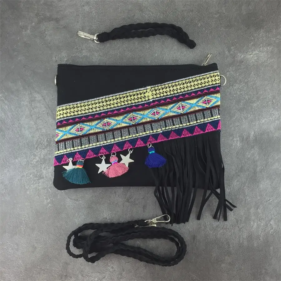 New Boho Único Vintage Étnico Ombro Saco Preto Boho Hippie Tassel Tote Messenger Bag