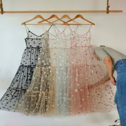 New Arrival Spaghetti Straps Tulle Long Women  Dresses Fashion Bling Bling See Through Dress Sexy Fashion Hot