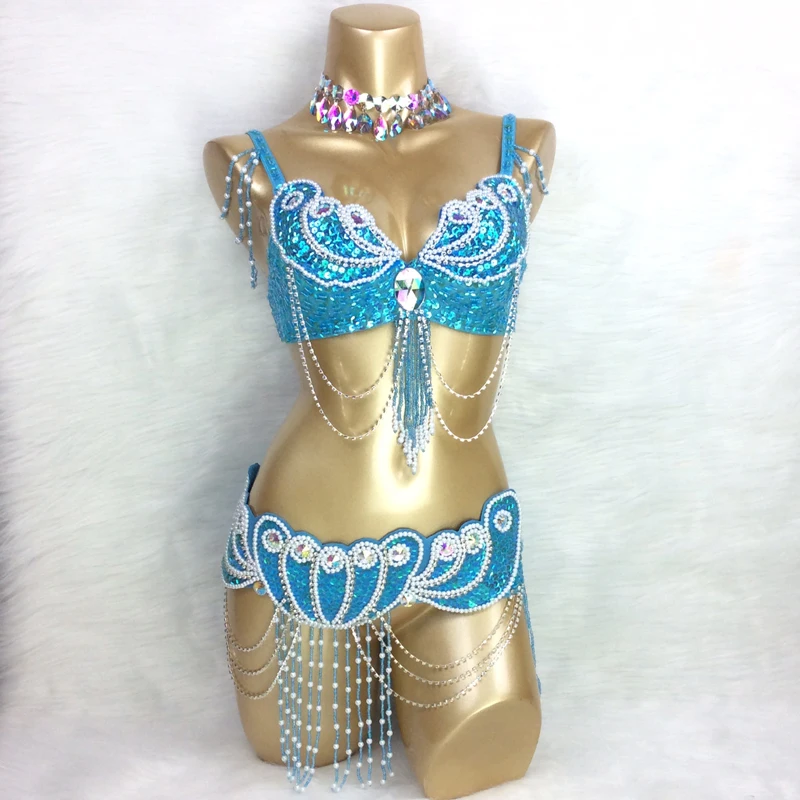 New arrival kobiet zroszony brzuch kostium taneczny nosić biustonosz + zestaw pasków Sexy panie bellydancing kostiumy karnawałowe ubrania bellydance