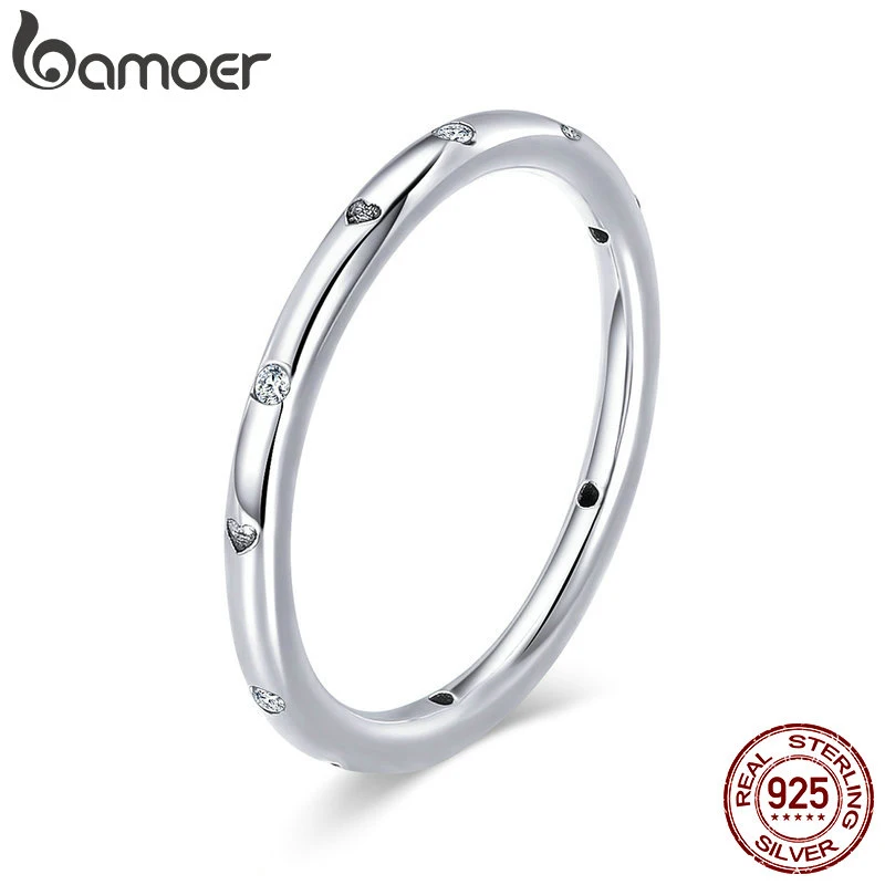 Bamoer Prosty klasyczny podstawowy srebrny zestaw pierścionków Kobiety 925 Sterling Silver Miłość Zaręczynowy Biżuteria ślubna Minimalistyczny mały pierścionek — zdjęcie 6