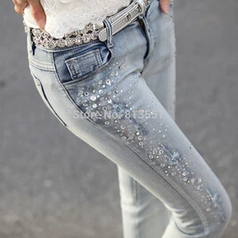 

Spring New Female Hole Jeans Beading Rhinestones Slim Feet Pencil Pants Jeans Women