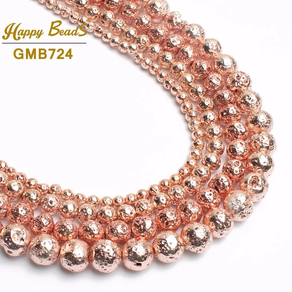 Natural Stone Beads Lava Hematite Rose Gold Black Silver Plated Round Loose Bead For Jewelry Making 15\