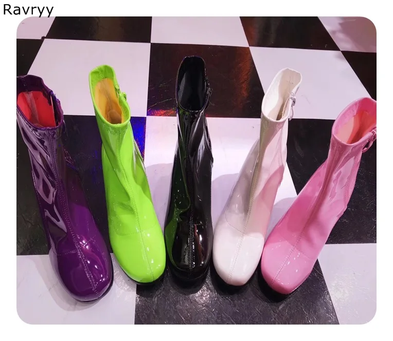 Candy Color Pink Green Red Elastic Woman ankle boots Model Show Club Party Female Shoes Sqaure Heel Round Toe Women Short Boots