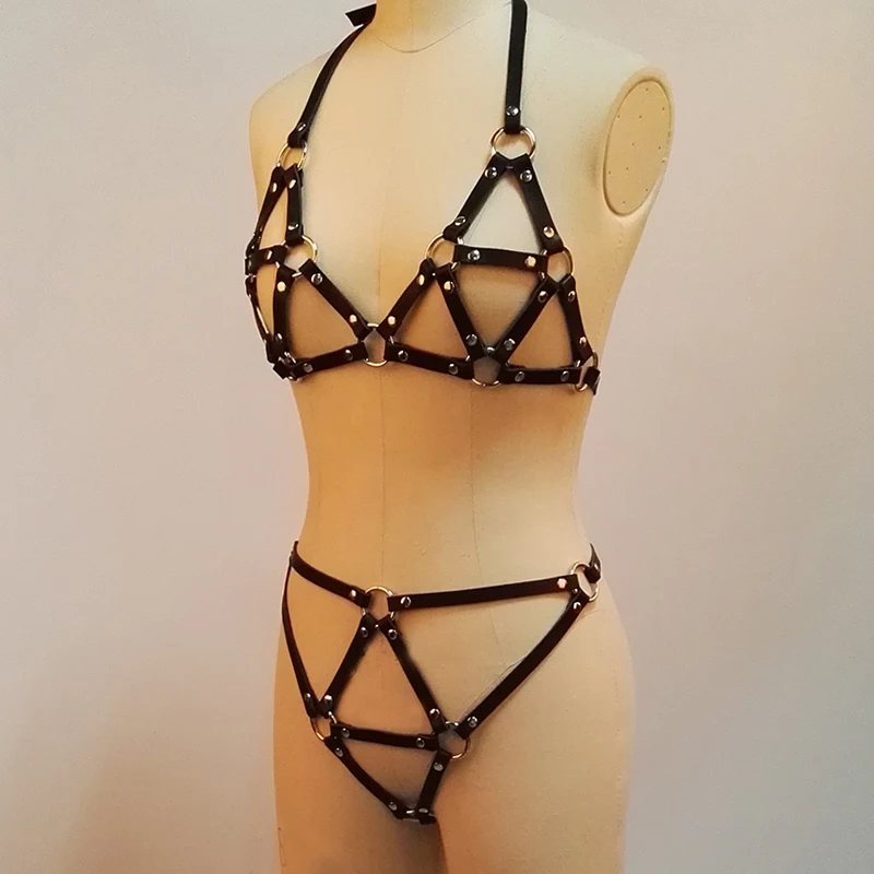 100% Handcrafted Women Sexy Leather Bra Bralet Sets Punk Gothic Bondage Leather Harness Frame Caged Belt Top Panty Thong