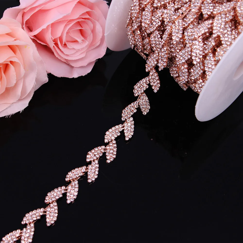 1Yard Silver Crystal Wedding Dress Belt Bridal Cup Chain Trim Leaf shape Rhinestone Trim Sew on Garments DIY Dress