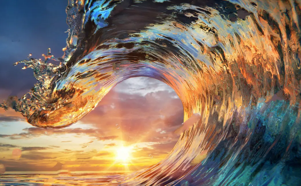 sea Colorful Ocean Wave Sea water crest shape Sunset light clouds background Vinyl cloth  Computer print wall photo backdrop