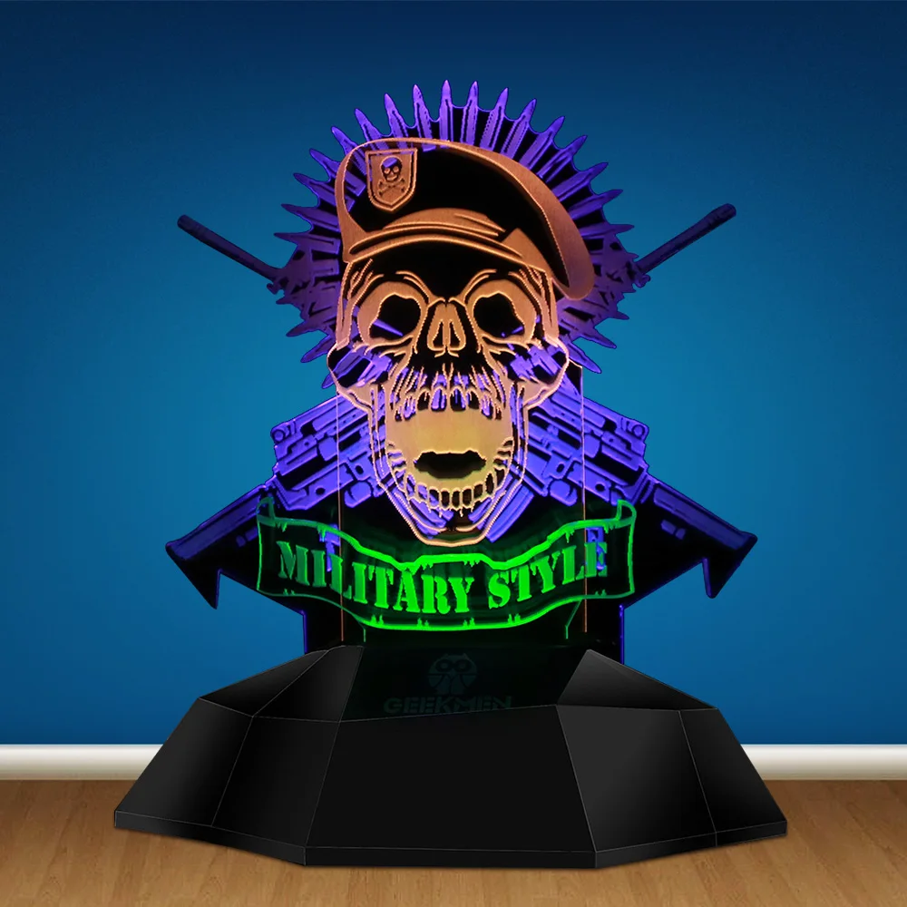 Military Style Beret Skull Soldier 3D Line Light Shooting Gun Machines Weapon Skull Bullet Decorative Novelty Table Lamp