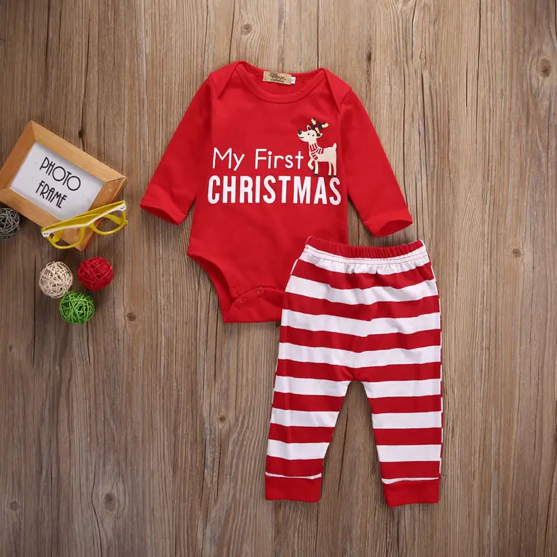 2024 2pcs My First Christmas Newborn Baby Girls Boys Long Sleeve Romper + Striped Pants Cartoon Baby Sets Cotton Clothing DS19