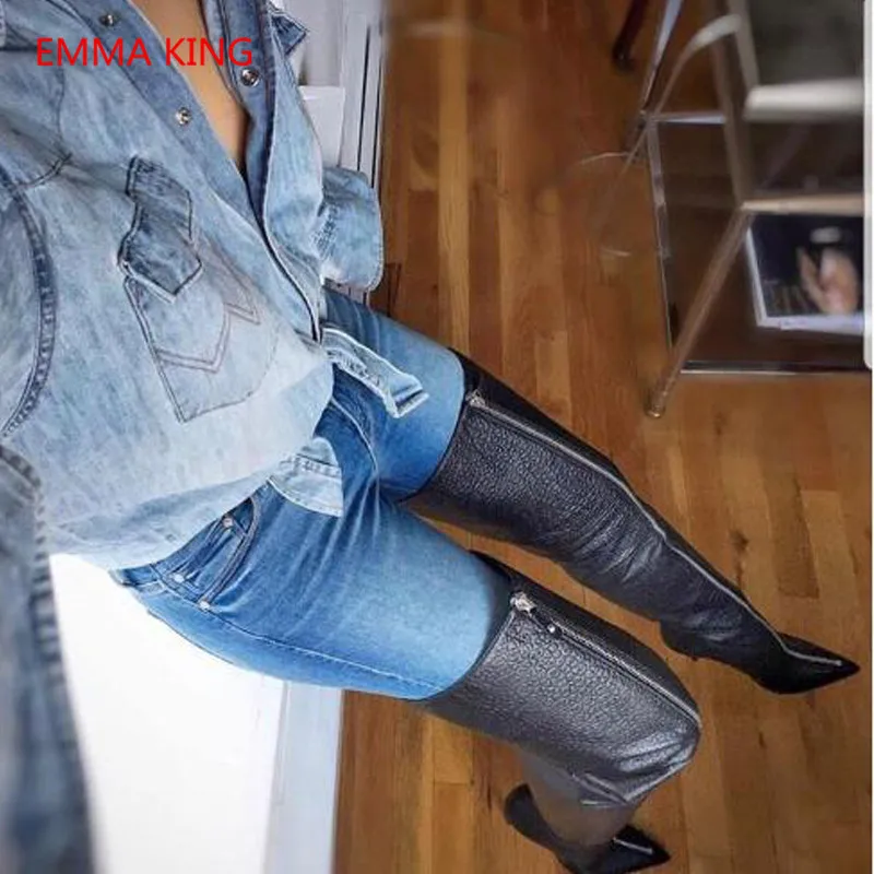 2020 Fashion Winter Thigh High PU Leather Boots Women Black High Heels Stilettos Front Zipper Overknee Boots Ladies Sexy Shoes