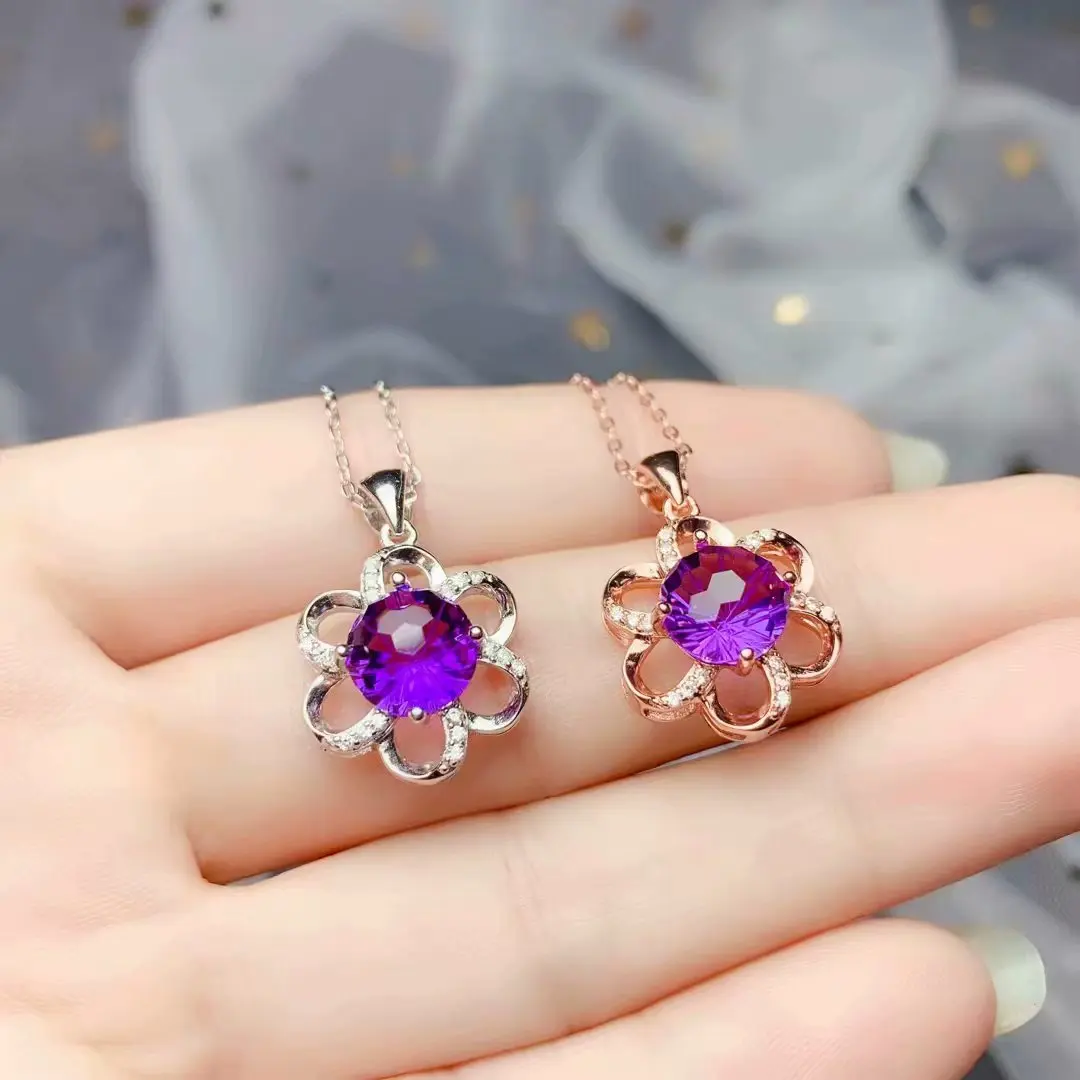 

classic purple amethyst gemstone pendant for necklace for women jewelry round natural gem real 925 silver gold plated gift