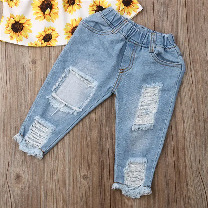 Toddler Kids Baby Girls Clothes Set 3 Piece Off Shoulder Sunflowers Top Ripped Jeans Pants Headband Children Summer Outfits