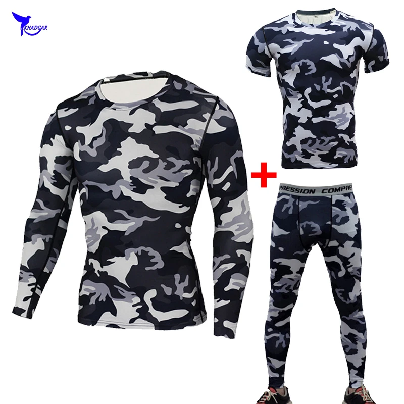 

3 Pcs Camouflage Mens Quick Dry Running Sets Compression Joggers Training Gym Fitness Sport Suits Tracksuits Sportswear Clothing