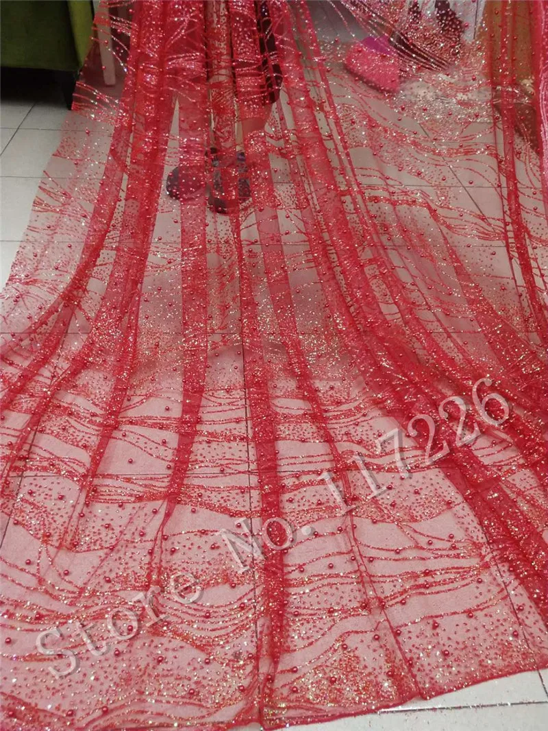 Rot farbe 5 yards geklebt glitter spitze stoff mit perlen auf verkauf JRB-32916 glitter mesh material für abendkleid