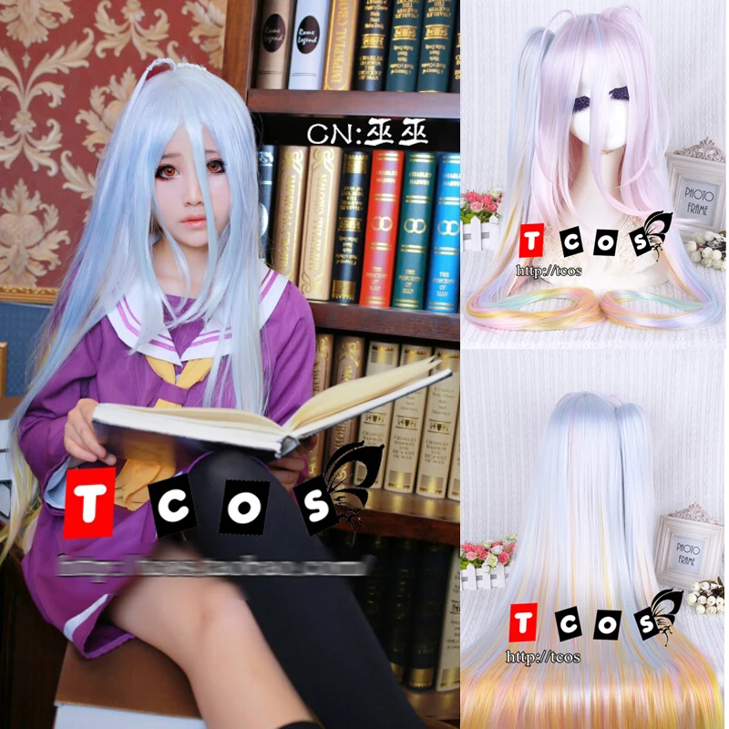 Anime No Game No Life Shiro 110cm Long Multi-color Synthetic Hair Cosplay Costume Wig With A 90cm Chip Ponytail