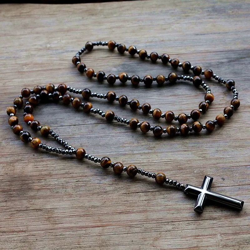 6mm Lapis Lazuli Stone Bead Hematite Cross Pendant For Men Women Catholic Christ Rosary Cross Pendant Necklace  Dropshipping