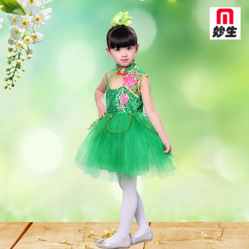 Children jasmine dance dress green lotus dance Stage groups performing costumes Festival performance Ballet dress