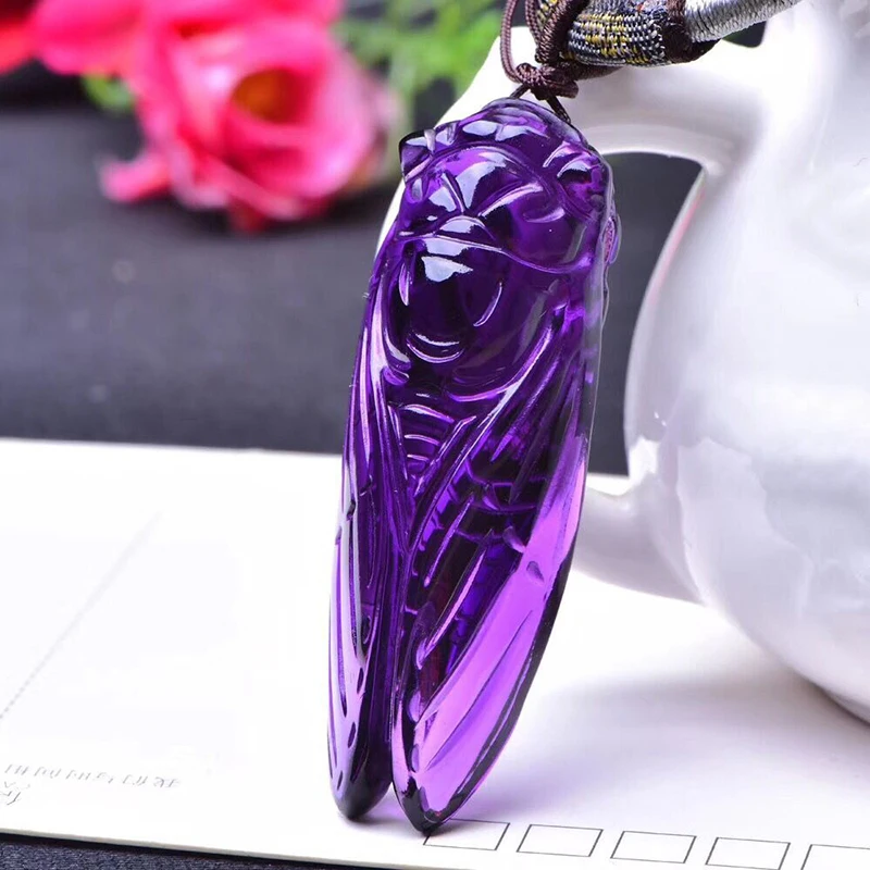 Purple Natural Crystal Carved Cicada Pendant Sweater Chain Necklace for Women Men Friend Insect Fashion Jewelry JoursNeige