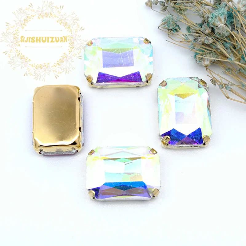 Crystal AB Rectangle Glass Crystal sew on rhinestones with FOUR Gold claw Diy wedding dress accessories