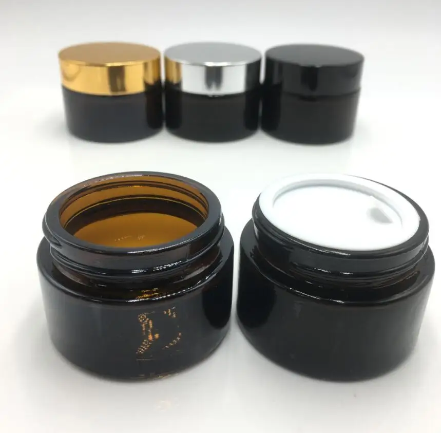 Wholesale 100pcs 50g Amber Glass Jar, 50cc Brown Cream Bottle,Cosmetic Container with Multicolor Lid