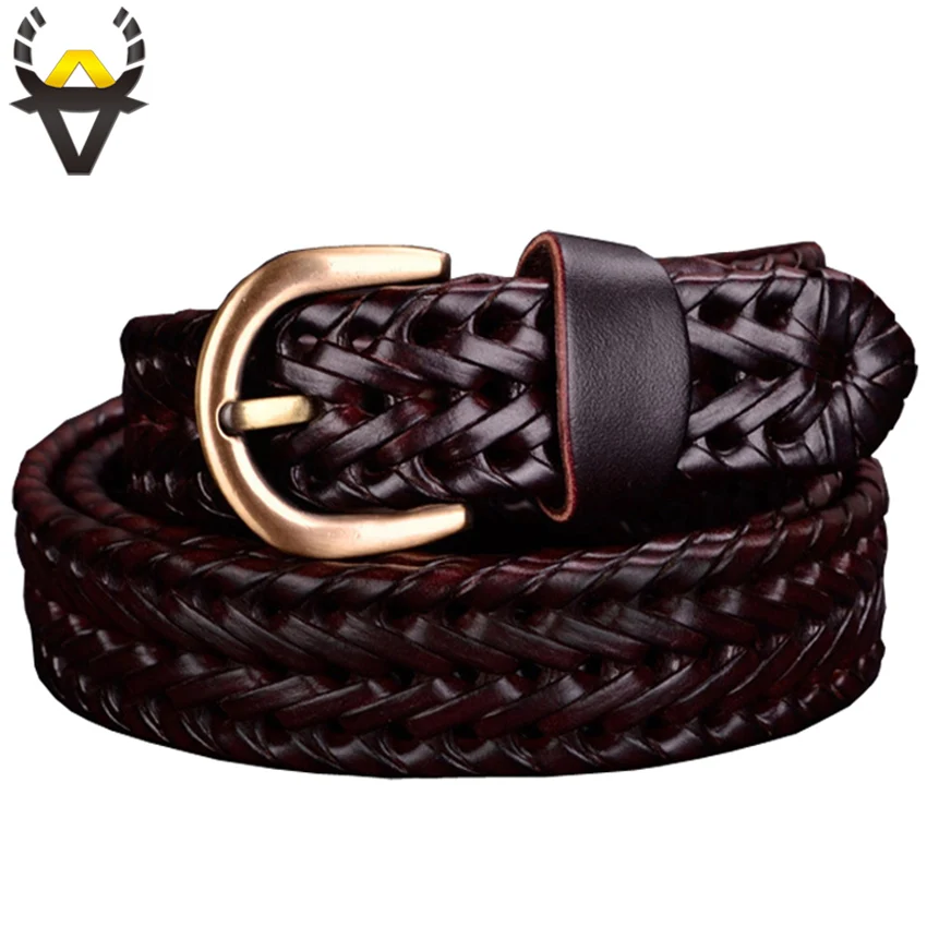 Cinto de couro legítimo feminino, cinto trançado de alta qualidade com segunda camada de pele de vaca, pulseira feminina para jeans de largura 2.5 cm café