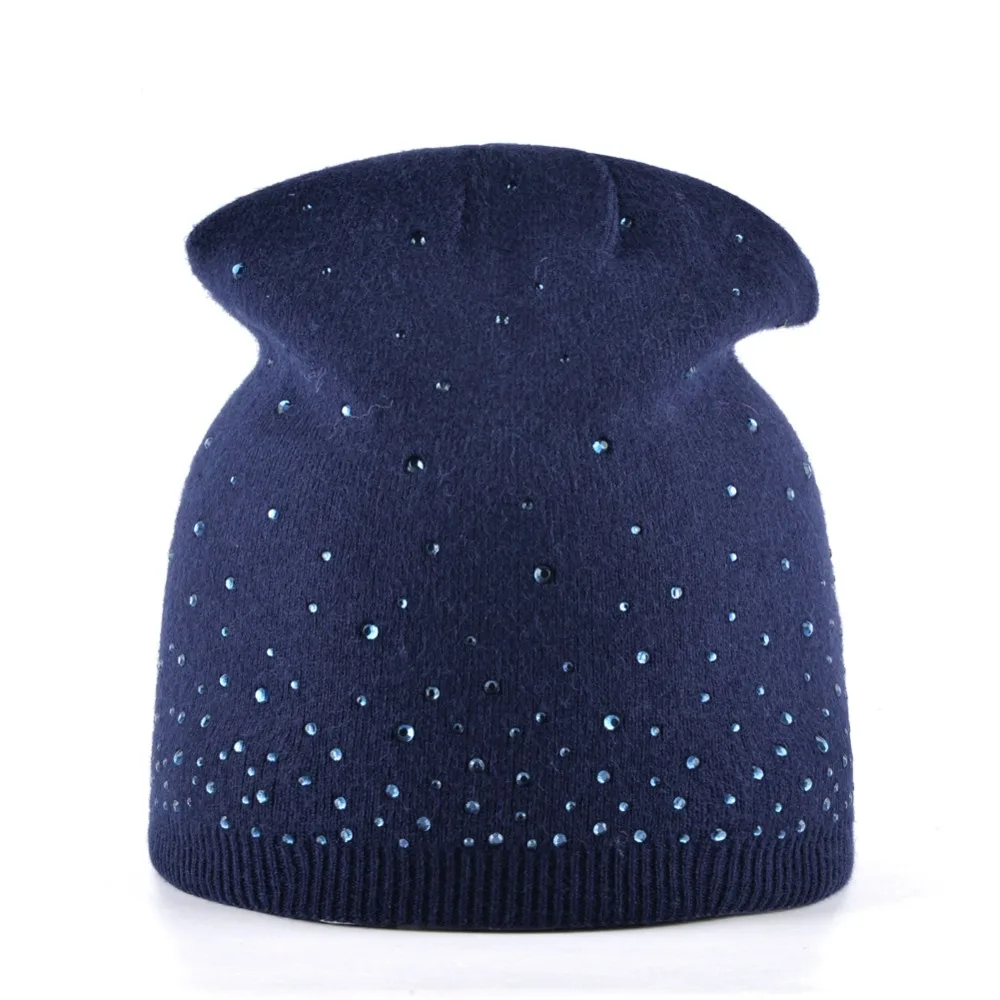 2018 Women\'s Fashion Rhinestone Beanies Hat Solid Knitted Skullies Bonnet Caps Ladies Winter Knitting Rabbit Wool Hat Female cap