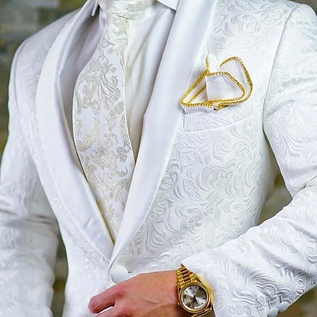 One Button White Paisley Groom Tuxedos Shawl Lapel Groomsmen Mens Suits Blazers (Jacket+Pants+Tie) W:715