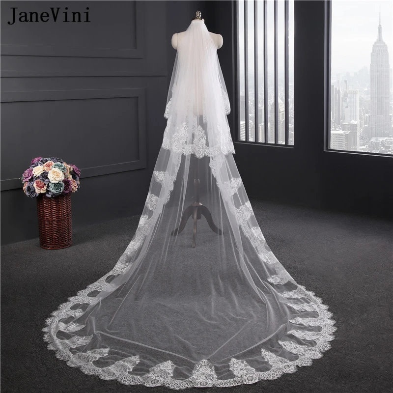 JaneVini Elegant White/Ivory Cathedral Wedding Veils with Comb Two Layers Lace Appliques Edge Tulle 3M Long Wedding Accessories