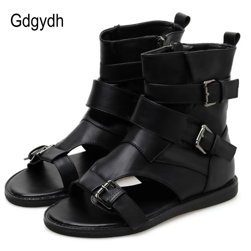 Gdgydh Belt Buckle Women Vintage Gladiator Sandals Lady Beach Shoes Leather Flat Summer Bandage Black Solid Open Toe Ankle Wrap