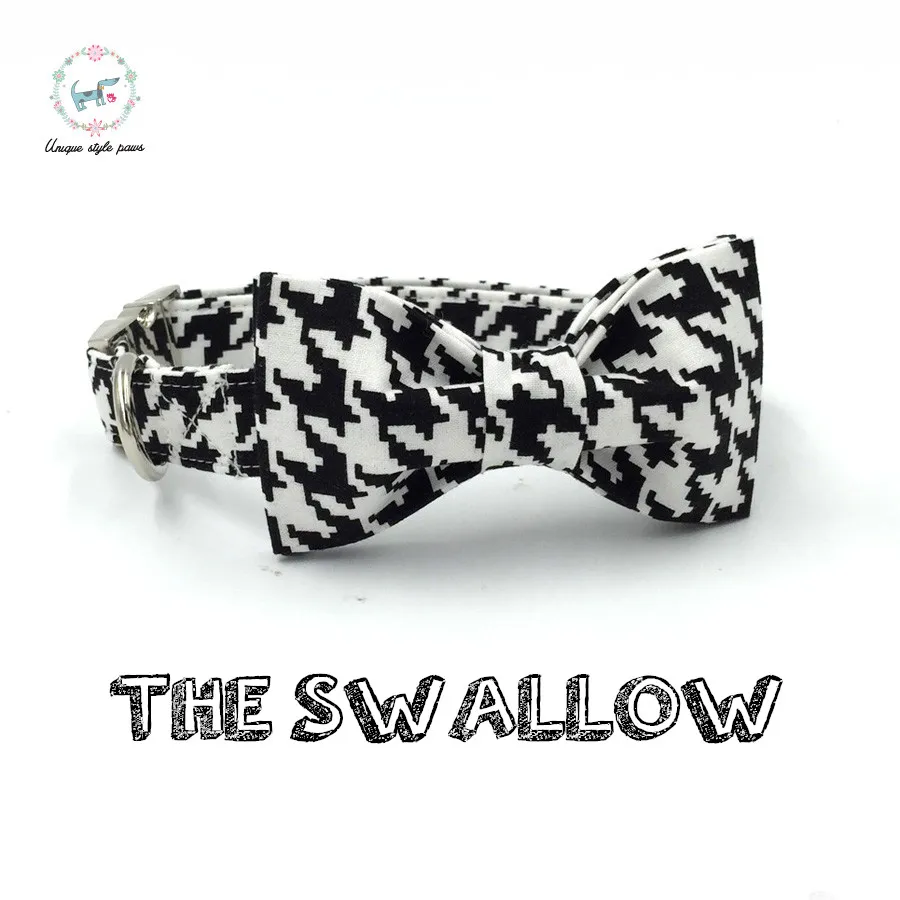 Dog Collar and Leash Set with Bow Tie Cotton Dog &Cat Necklace and Dog Lead Houndstooth