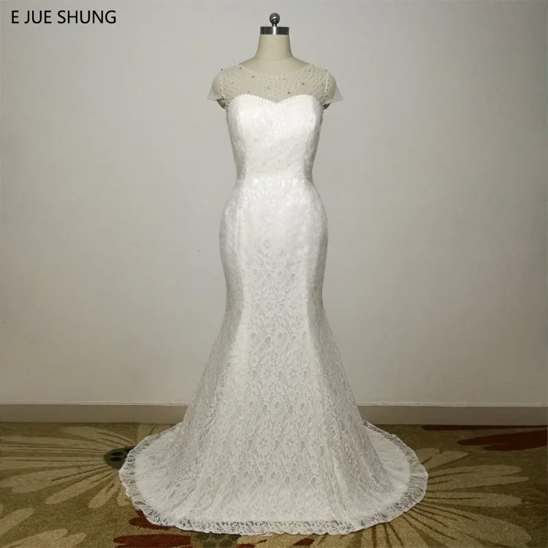 E JUE SHUNG White Lace Pearls Mermaid Wedding Dresses 2018 Cap Sleeves Cheap Wedding Gowns robe de mariee vestidos de novia