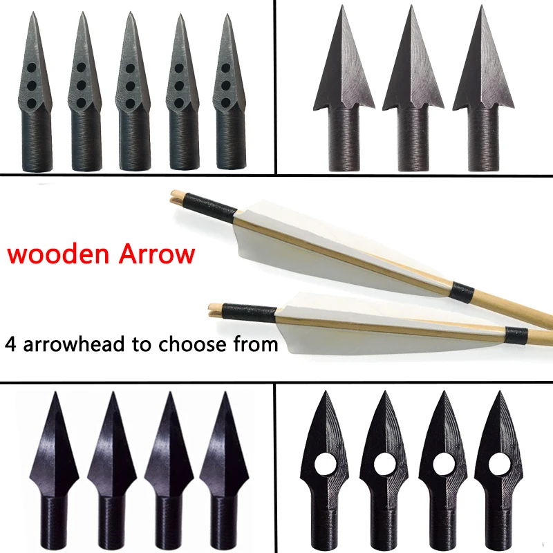 9/12 pcs Handmade Wooden Arrow 31 inch Traditional Arrowhead 8mm Wood Arrow Shaft With Shield Shape Feathers Hunting Shooting