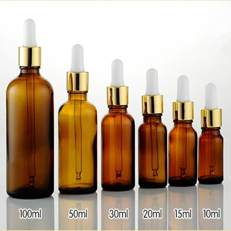 20pcs/lot Amber Brown Essential Oil Glass Bottle With Anodized Aluminum Metallic Gold and White Latex-Free Rubber Dropper Cap