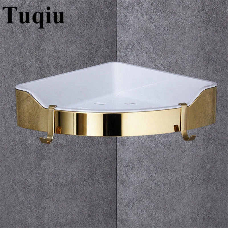 Bathroom Shelf with Hooks Double Tier Stainless Steel 304 Multi-functional Sturdy Corner Shelf Gold Wall Shelf Bathroom Rack