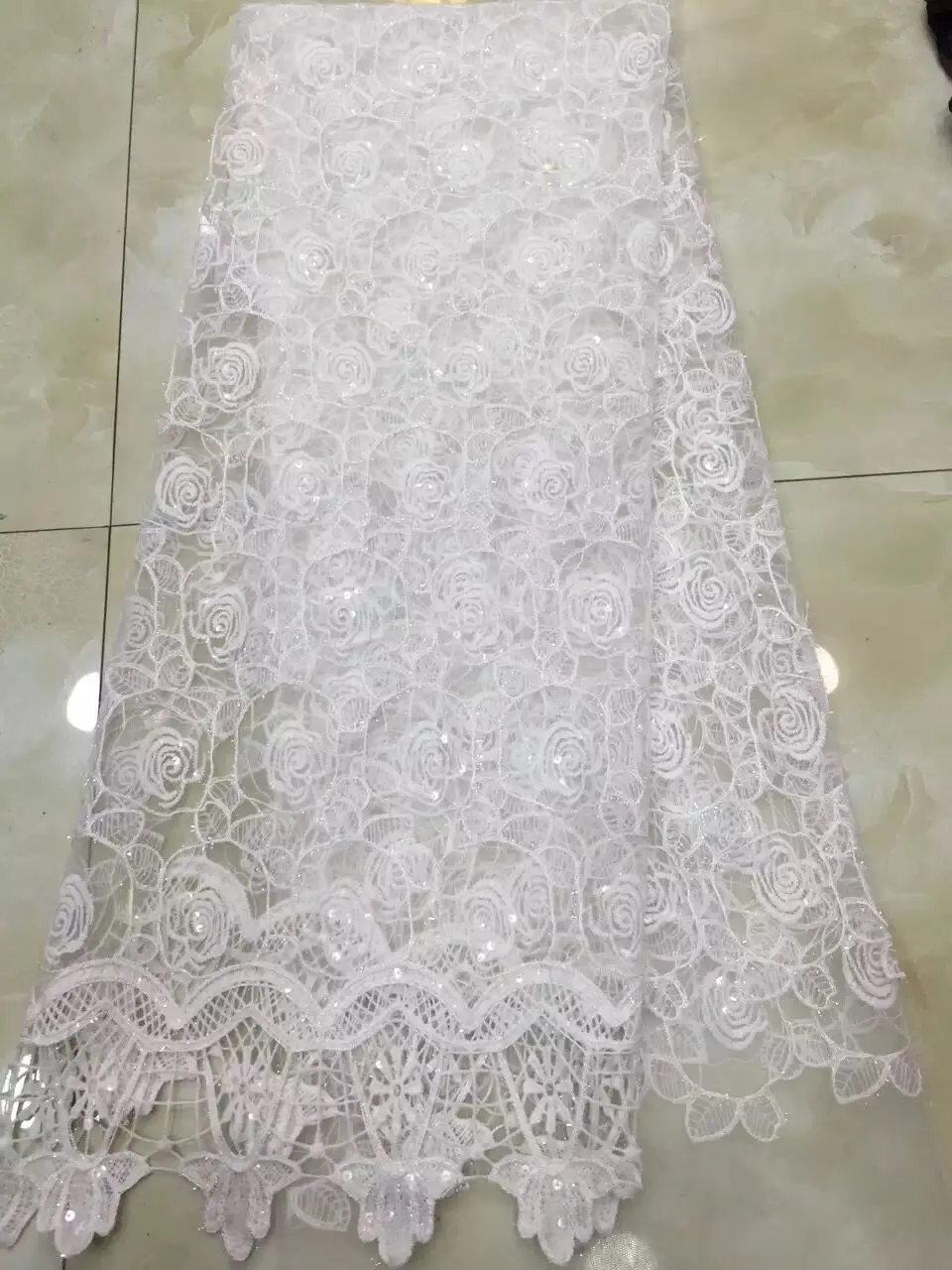 

SYJ-82975 Embroidery Net Lace Fabric white Mesh Tulle Lace with sequins Nigerian French Guipure Cord Lace