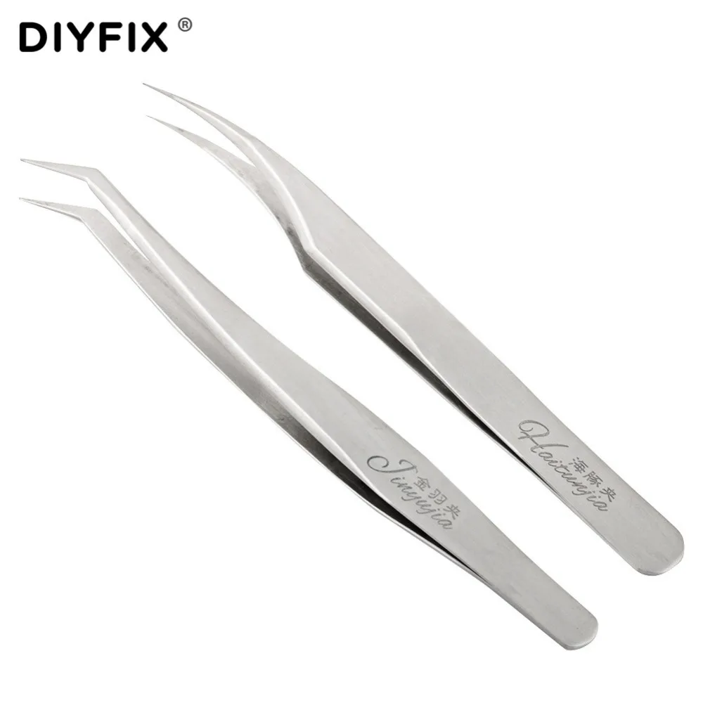 DIYFIX 2 قطعة الدقة الإلكترونية ملاقط مكافحة ساكنة مقاطع منحني نصائح ملقط غرامة نقطة ل رمش تمديد اليد أدوات مجموعة